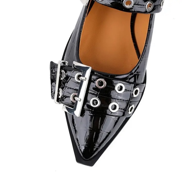 New Double Buckle Ballet Flats Silver NWT Black Slip On Pointed Toe Faux Leather - Picture 12 of 16